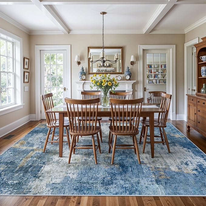 Living Room Area Rugs 9x12: Abstract Washable Bedroom Rugs with Non Slip Rubber Backing Stain Resistant Carpet for Dining Room Soft Indoor Floor Decor Mat for Households/Newlyweds 9x12 Blue White