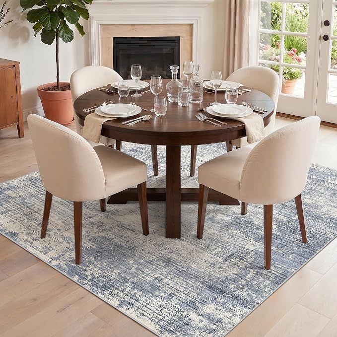 Washable Abstract 5x5 Square Rug: Low Pile Throw Rugs with Non Slip Rubber Backing Stain Resistant Carpet Soft Rugs for Entryway Living Room Bedroom (Blue Gray,5x5 Square)