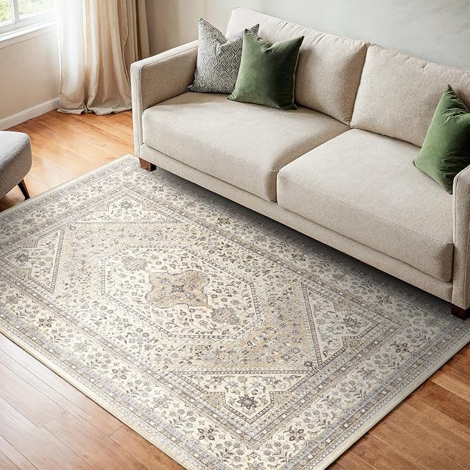 Washable 3x4 Area Rug for Entryway - Bedroom Rugs with Non Slip Rubber Backing for Kitchen Bathroom Indoor Soft Stain Resistant Carpet Rug for Pet Feeding Area and Distressed Floor Decor Beige/Gray