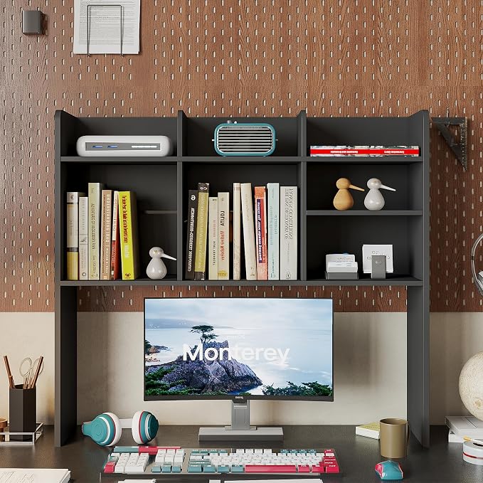 ChooChoo Desk Hutch Dorm, Desktop Bookshelf with 7 Shelves | Desktop Shelf, Bookshelf Storage for College Dorm Office Home, Black