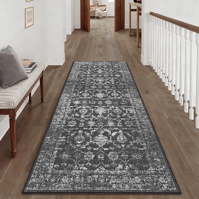 3x7 Black Runner Rug Hallway Washable Area Rugs Kitchen Vintage Boho Non Slip Long Rug Floral Carpet Indoor Retro Soft Low Pile Throw Rug for Bedroom Bathroom Laundry Dining Living Room Office