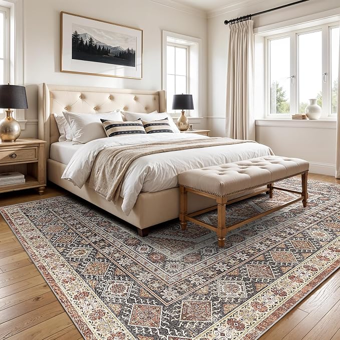 6x9 Area Rugs for Living Room:Washable Oriental Rug for Bedroom Dining Room Carpet 6 by 9 Indoor Non Slip Rubber Backing Neutral Nursery Dorm Home Office Kids Beige (Brick, 6x9)