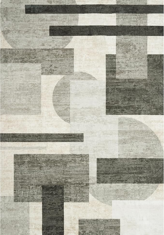 4x5 Washable Entryway Office Rug: Mid Century Modern Area Rugs Geometric Non Slip Soft Low Pile Indoor Carpet for Living Room Bedroom Kitchen Bathroom Entrance (Beige/Olive Green/Gray, 4X5)