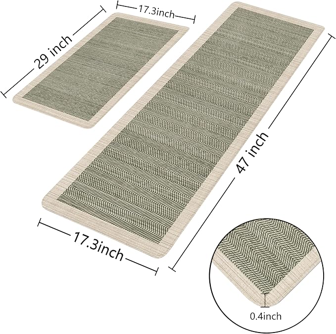 Sage Green Vintage Boho Elegance Kitchen Rug Sets [2 PCs], Anti-Fatigue, Waterproof Non-Slip Kitchen Mats Heavy Duty Comfort Foam Rug for Kitchen, Floor, Laundry,17"x29"+17"x47"