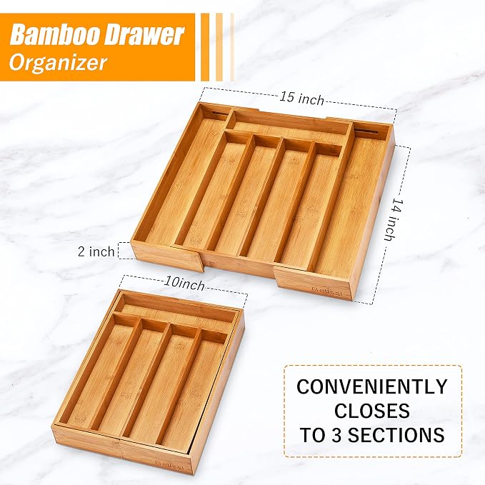 Silverware Organizer Kitchen Drawer Organizer Expandable Bamboo Utensil Holder Cutlery Tray for Kitchen Utensil and Flatware Bedroom Office