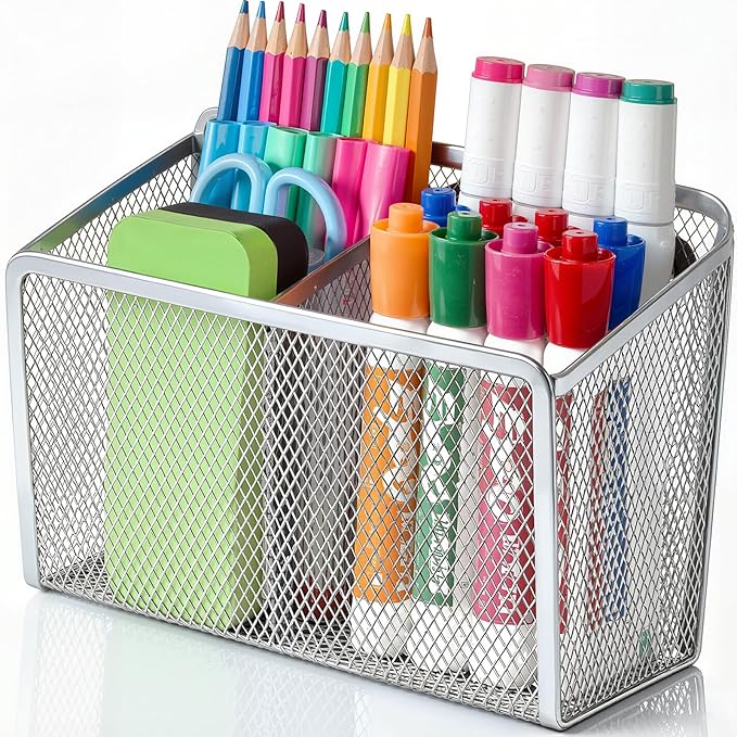 BEYGORM Magnetic Dry Erase Marker Holder for Whiteboard, Mesh Pen & Pencil Holder for Refrigerator, Strong Magnetic Basket for School Locker, Office & Classroom Organizer (Silver, 1-Pack)