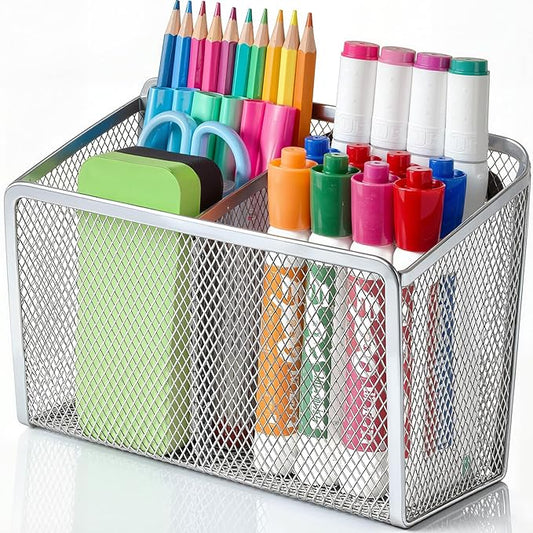 BEYGORM Magnetic Dry Erase Marker Holder for Whiteboard, Mesh Pen & Pencil Holder for Refrigerator, Strong Magnetic Basket for School Locker, Office & Classroom Organizer (Silver, 1-Pack)