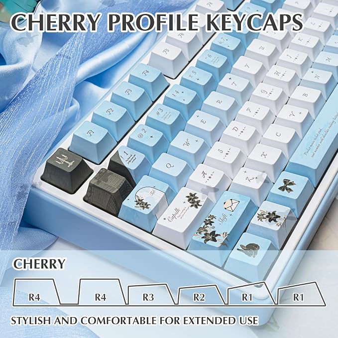 PBT keycap Set 145 Keys Cherry Profile, Blue White Lily Themed Aesthetic Keycaps Custom Dye-Sub Keyboard Keycaps for 60% 65% 70% 75% Cherry Gateron MX Switches Mechanical Keyboards
