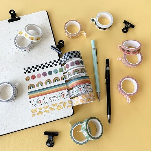 Washi Tape Set of 16 Rolls of 15 mm Wide Cute Decorative Washi Tape for Journaling, Scrapbook, Washy Crafts, Bullet Journals, Planners, DIY Décor, Craft Supplies For Adults & Kids (Splash)