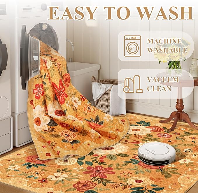 DUKINO 2.6x12 Kitchen Runner Rug, Lightweight Floral Washable Rug for Hallway, Boho Low Pile & Non Slip Backing Soft Floor Carpet for Entryway, Bedroom, Bathroom, Laundry, Orange
