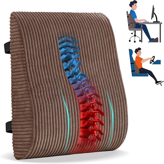 Ergonomic Lumbar Support Pillow for Lower Back Pain Relief, Corduroy Cover Back Support Cushion with Adjustable Straps, Large Size Lumbar Pillow for Office, Gaming & Home Essentials, Large, Brown