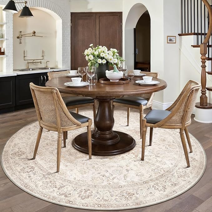 HUGEAR 5ft Round Rug Entryway Rugs Machine Washable Beige Hallway Area Rug 5x5 Small Circle Floral Low Pile Carpet Soft Throw Rug Living Office Laundry Entrance Non Slip