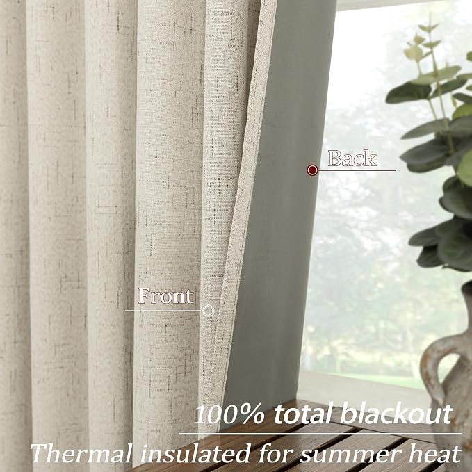 KOUFALL 108 Inch Cream Linen Blackout Curtains, 9ft Long Sun Blocking Modern Farmhouse Black Out Window Drapes for Living Room Bedroom, Wide 52'' W x 108'' L, Set of 2 Panel, Light Oatmeal