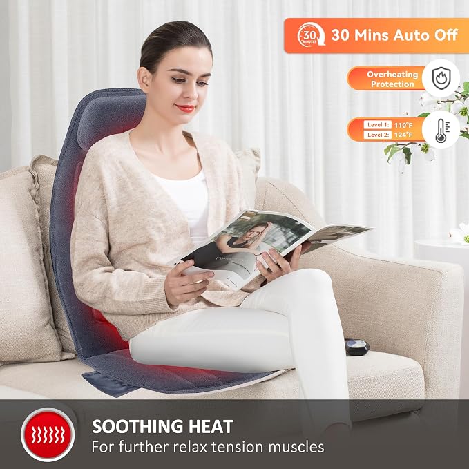 Snailax Massage Seat Cushion with Heat - Extra Memory Foam Support Pad in Neck and Lumbar,10 Vibration Massage Motors, 2 Heat Levels, Back Massager Chair Pad for Back | 【Gift for Men Women】10 Vibration Motors, 5 Massage Modes, Adjustable 3 Intensity, G...