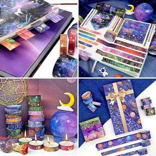 Ieebee 52 Rolls Washi Tape Set, Gold Foil Galaxy Washi Tape for Journaling Supplies, 4 Size Washi Tapes for Scrapbooking, DIY Journal Set, Craft, Gift Wrapping, Painting
