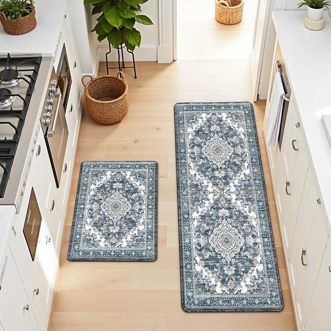 Boho Kitchen Mats for Floor 2 Piece Set Anti Fatigue Cushioned PVC Kitchen Rugs Non Slip Waterproof Farmhouse Mats 2/5 Inch Comfort Standing Mat for Sink, Laundry, 17.3"x59"+17.3"x28", Dark Blue