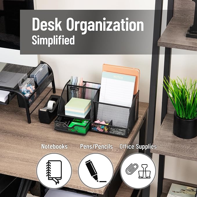 Mind Reader 7-Compartment Desktop Organizer, Metal Mesh Desk Organizer for Pens, Sticky Notes, Mail and Office Supplies, Black