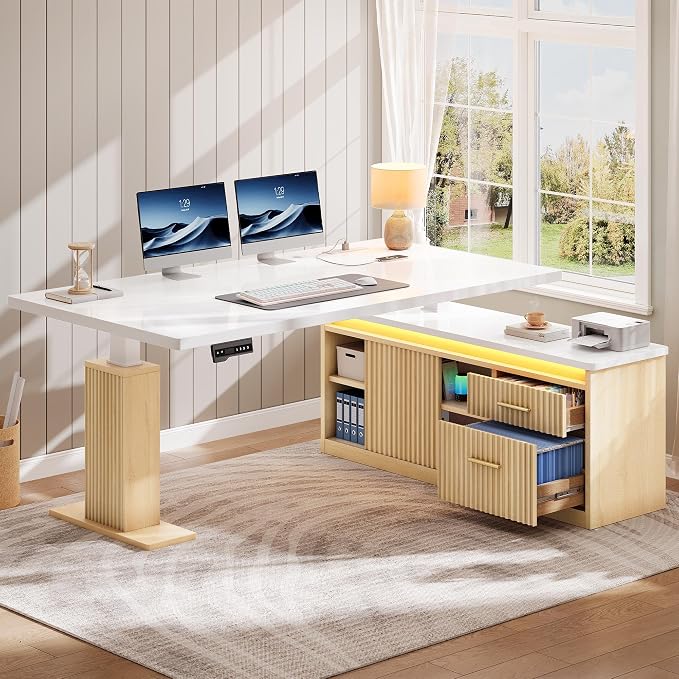 YITAHOME L Shaped Standing Desk with Power Outlets & LED Lights, 63" Electric Standing Desk Adjustable Height Sit Stand Corner Standing Desks with Drawers & Sliding Door, High-Gloss White+Natural Oak