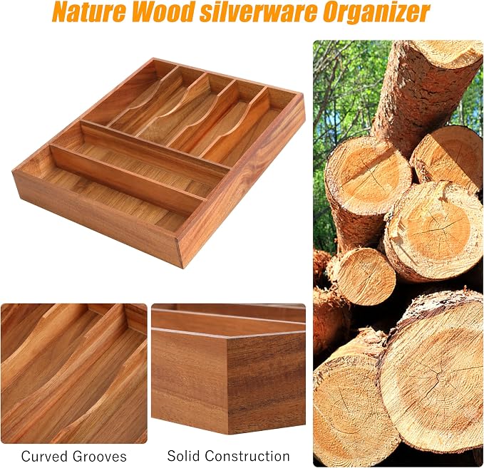 Bamboo Silverware Organizer, 12"x15.7" Utensil Holder Cutlery Tray with Grooved Drawer Dividers for Kitchen Flatware, Bedroom, Office (7 Slot, Acacia)