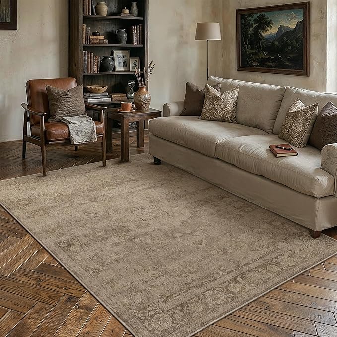 PureCozy Brown Area Rug 5x7 Washable Vintage Living Room Office Carpet Non Slip Soft Low Pile Distressed Medallion Indoor Floor Retro Throw Rug for Kitchen Bedroom Dining Room