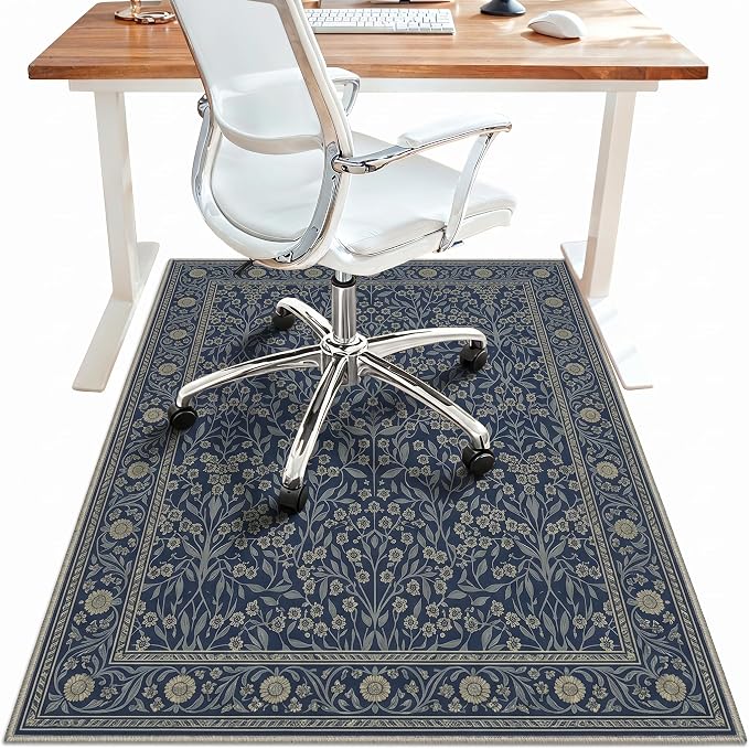 48"x60" Office Chair Mat for Hardwood Tile Floor, Under Desk Carpet Protector for Rolling Computer Chair Mat, Machine Washable Area Rug, Anti-Slip 1/5" Thick Low Pile Thin Vinyl Floor Mat, Floral Navy