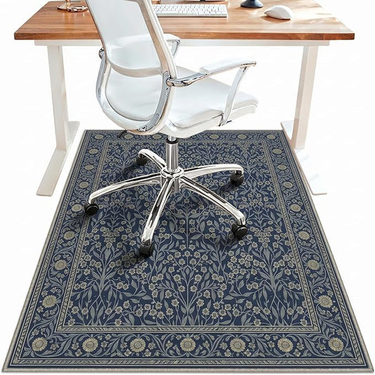 36"x60" Office Chair Mat for Hardwood Tile Floor, Under Desk Carpet Protector for Rolling Computer Chair Mat, Machine Washable Area Rug, Anti-Slip 1/5" Thick Low Pile Thin Vinyl Floor Mat, Floral Navy