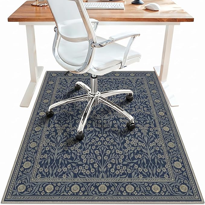 36"x48" Office Chair Mat for Hardwood Tile Floor, Under Desk Carpet Protector for Rolling Computer Chair Mat, Machine Washable Area Rug, Anti-Slip 1/5" Thick Low Pile Thin Vinyl Floor Mat, Floral Navy