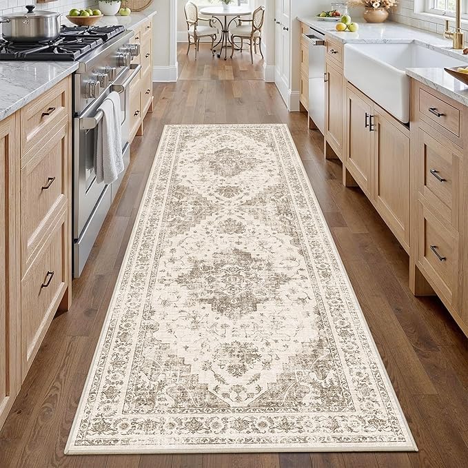 2.6x8 Taupe Vintage Runner Rug Hallway Washable Area Rugs Non Slip Boho Medallion Long Rug Distressed Retro Carpet Floral Soft Low Pile Indoor Throw Rug for Kitchen Bedroom Bathroom Dining Room Office