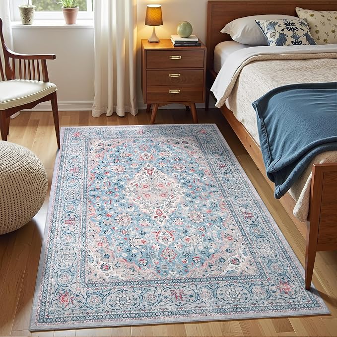 Blue Washable Boho Area Rug for Bedroom, 3x5 Vintage Floral Non Slip Rugs, Soft Low Pile Indoor Mat, Aesthetic Pattern Carpet for Living Room, Kitchen, Dining Room and Bedside
