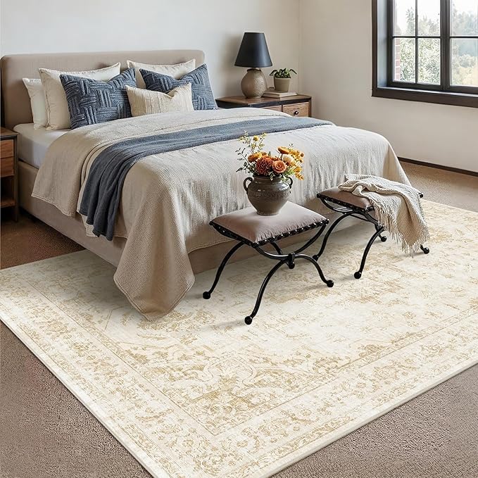 5x7 Vintage Washable Area Rugs Boho Medallion Large Distressed Retro Accent Carpet Floral Non-Slip Soft Low Pile Indoor Throw Rug for Living Room Bedroom Dining Room Office Kitchen, Beige