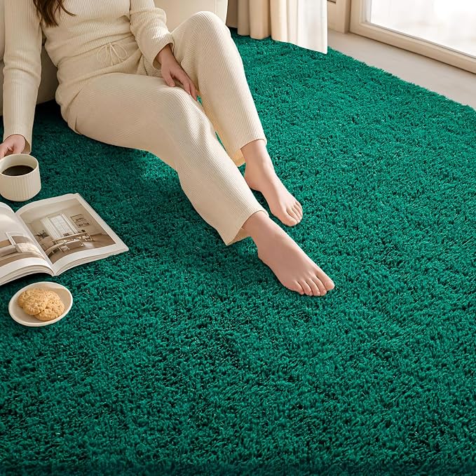 Zentavio Dark Green Area Rugs for Living Room Emerald Green Rugs for Bedroom 9x12 Fluffy Fake Grass Large Carpet for Kids Room Playroom Furry Shag Aesthetic Soft High Pile Washable Home Decor