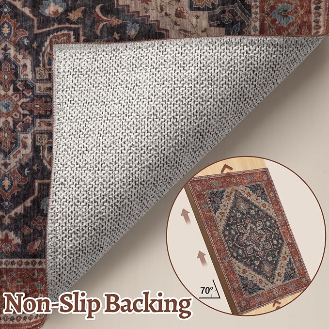 Tangsoo 2.6x8 Washable Runner Rug for Hallways, Non Slip Vintage Runner Rug, Soft Low Pile Long Rug Runner, Print Carpet Runners for Kitchen Bedroom Entryway Bathroom Living Room Dark Blue/Orange
