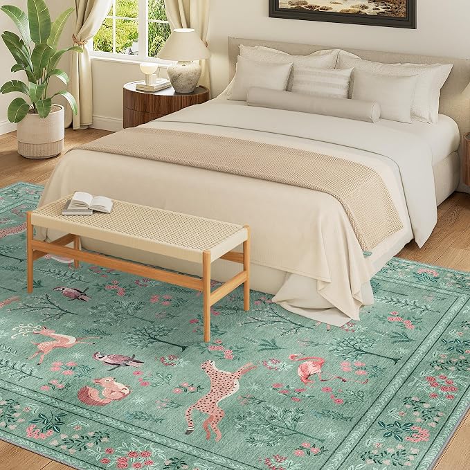 DUKINO 6x9 Rug, Washable Animal Living Room Rug with Non Slip Vintage Design, Soft Low Pile Large Carpet for Bedroom, Nursery, Dining Room, Farmhouse, Playroom, Teal