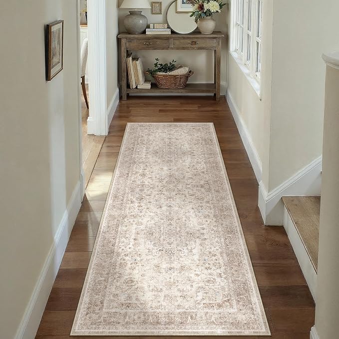 PureCozy Beige 2x6 Runner Rug Washable Hallway Vintage Carpet Low Pile Non Slip Distressed Soft Traditional Retro Oriental Long Accent Throw Rug for Kitchen Bedroom Laundry Bathroom Dining Room