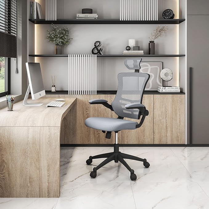 Techni Mobili High-Back Mesh Office Chair with Headrest,Recline,Silver Grey | Executive mesh office chair, adjustable headrest, flip-up arms, recline control, height adjustable, swivel chair, ergonomic