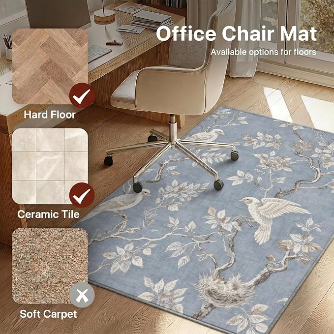36"x60" Office Chair Mat for Hardwood Tile Floor, Under Desk Carpet Protector for Rolling Computer Chair Mat, Machine Washable Area Rug, Anti-Slip 1/5" Thick Low Pile Thin Vinyl Floor Mat, Dusty Blue