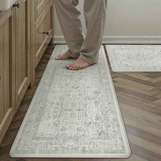 Kitchen Mats 2PCS Anti Fatigue Cushioned Mat Light Green Vintage Kitchen Mats for Floor Waterproof Non Slip Comfort Standing Retro Floral Rug for Sink Laundry Office 17.3"x47"+17.3"x30"