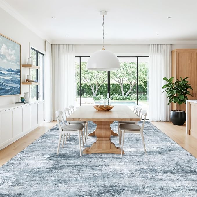 12x15 Area Rug for Living Room – Large Modern Neutral Abstract Thin Washable Carpet, Soft Low Pile Non-Slip Stain-Resistant for Bedroom Dining Room Home Office (Misty Blue Gray)