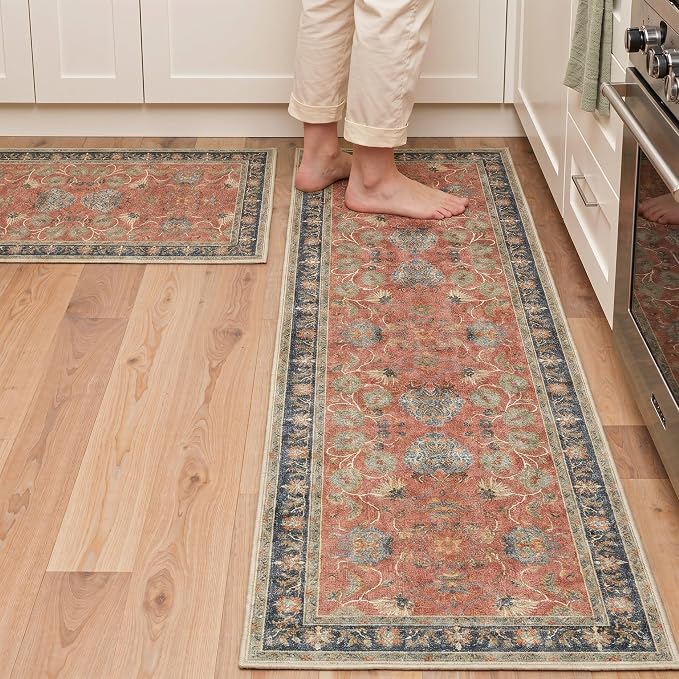 GENIMO Kitchen Rug Sets of 2, Non-Slip Washable Low-Pile Kitchen Mats for Floor, Waterproof Kitchen Runner Rug, for Hallway, Laundry, Sink, Entryway, Bathroom, 20"x32"+20"x48", RetroBrick
