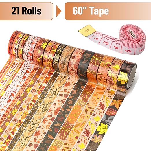 Mr. Pen- Washi Tape Set, 21 Rolls, Assorted Sizes, Autumn Leaves | 5.5 Yards/Roll, Washi Tape for Scrapbook, Arts, Crafts, Journals and Planners