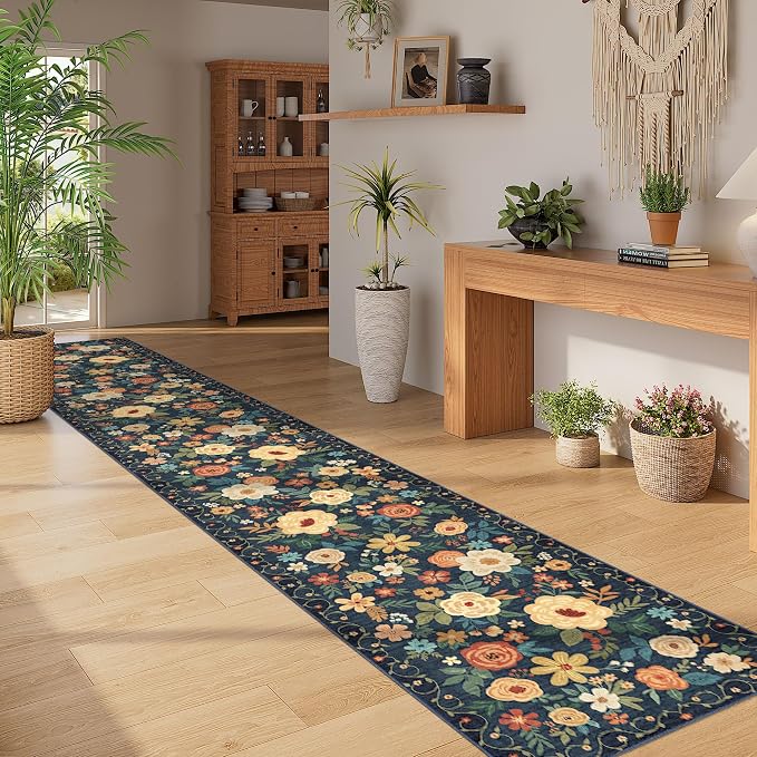 DUKINO 2x12 Washable Runner Rug, Ultra Soft Floral Runner Rug for Hallway, Boho Non Slip & Non Shedding Indoor Entryway Carpet for Kitchen, Laundry Room, Bathroom, Bedroom, Entrance, Navy Blue