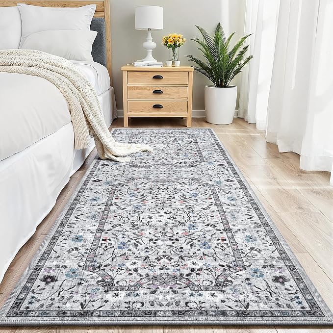 Vasofe Area Rugs for Bedroom Machine Washable Rugs for Living Room, Vintage Rug with Non-Slip Backing, Water Repellent Rug for Office, Kids Playroom (Grey, 2' x 6')
