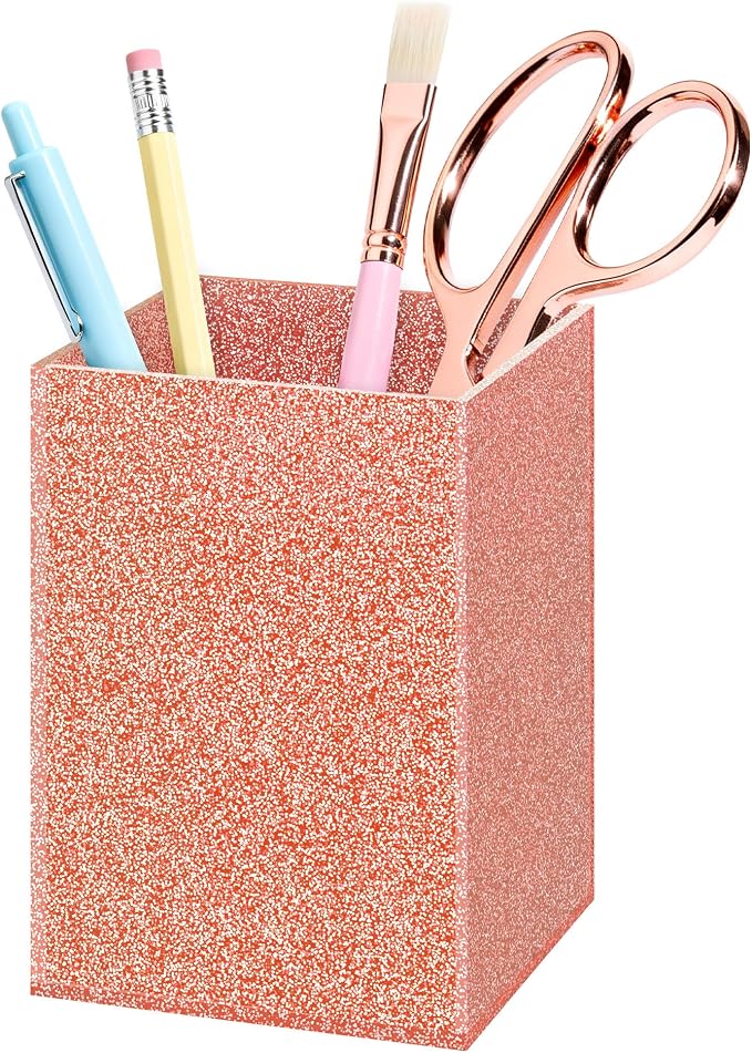 Acrylic Pen Holder Desk Organizer for Office, Light Pink Glitter | Sparkling glitter acrylic makeup brush and pencil holder for desk, Modern desktop organizer for home, school and office