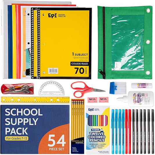 EPI Essentials Back to School Supplies for Kids 7th-12th Grade – 54 Items in Kit – High School Supply Packs – College-Ruled Bundle with Folders & Binders – Suitable for Homeschooling