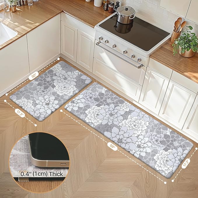 GENIMO Anti Fatigue Kitchen Mats for Floor 2PCS, Cushioned Standing Mats | 17.3"x59"&17.3"x30", Lavender Greyvintage floral rug set, waterproof, non slip, easy-clean for farmhouse