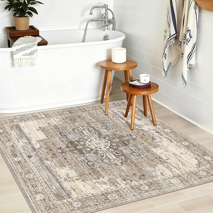 RUUGME Soft 3x3 Rug Living Room - Throw Rugs for Bedroom Vintage Tribal Rugs for Married Woman in Bedroom Kitchen with Non Slip Backing Home Decor 3x3 Beige