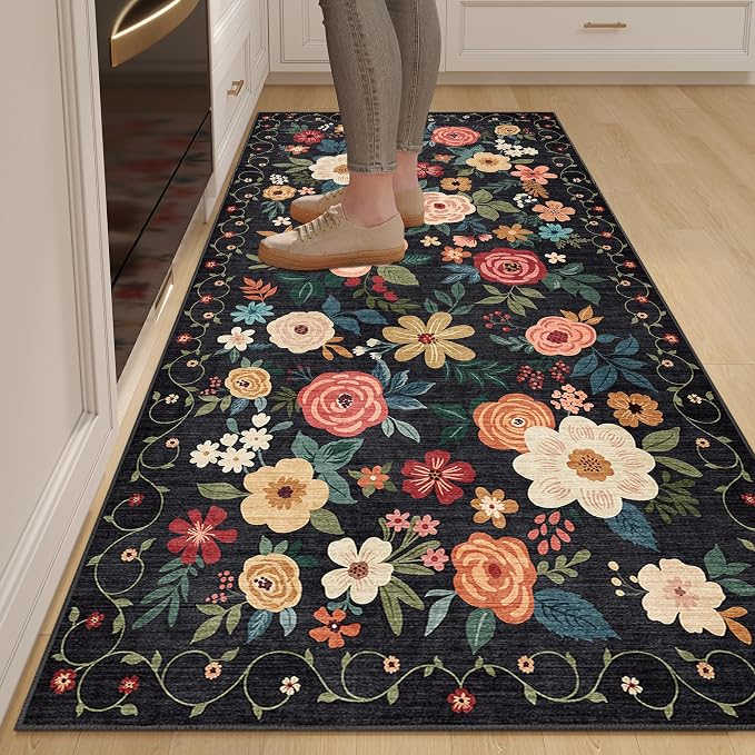 DUKINO 3x6 Runner Rug, Washable Soft Floral Hallway Runner Rug with Non Slip, Low Pile Thin Floor Carpet for Kitchen, Bathroom, Entryway, Laundry, Entryway, Black