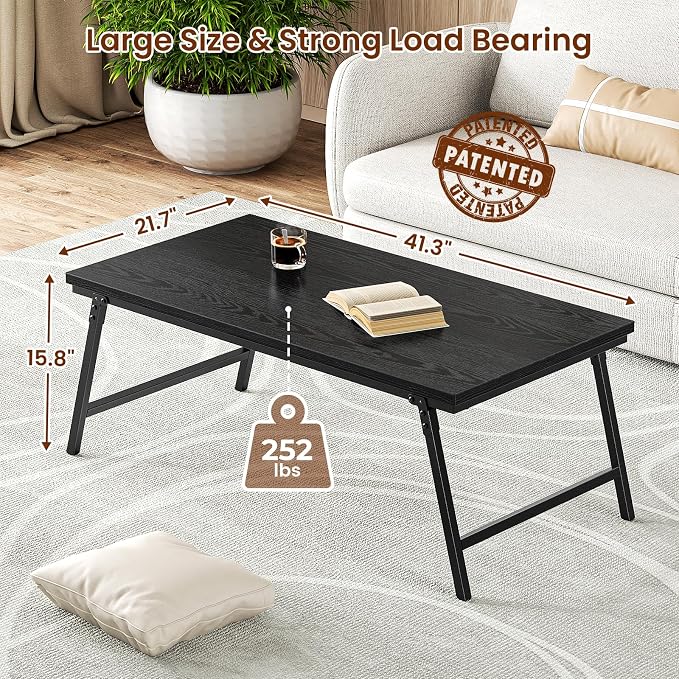 ALLSTAND Folding Coffee Table for Small Spaces, Leg Latches Collapsible Foldable Coffee Table Portable Sturdy, No Assembly Low Tables for Living Room (Black, Opened Size: 41.34L×21.65W×15.75H)