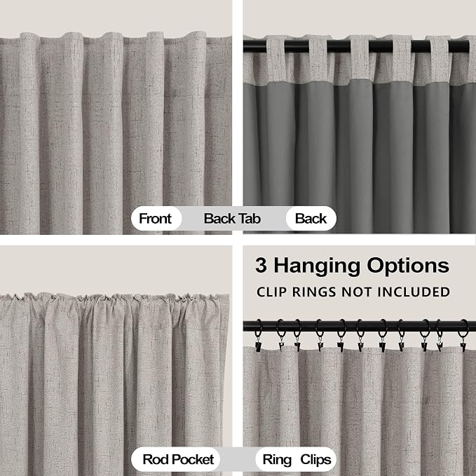 KOUFALL Taupe Back Tab Linen Blackout Curtains for Living Room 52x100 Inch Length