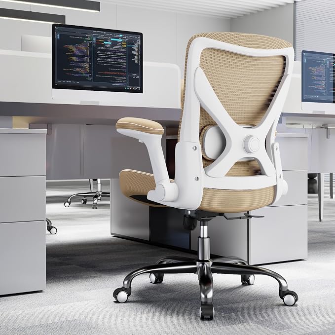 Ergalithic Office Home Ergonomic Desk Chair-Computer X-Shaped Chair Mesh PU Leather with Adjustable Lumbar Support-Executive Chair High Back Flip-Up Arms for Long Hours (Khaki-No Headrest)